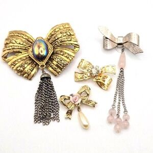 Lot of 4‎ Vintage Bow Brooches Dangles Tassels Rhinestones Porcelain & Glass
